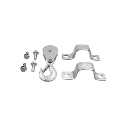 Kit de polea con gancho de seguridad, dos soportes metálicos y pernos hexagonales en acero galvanizado.
