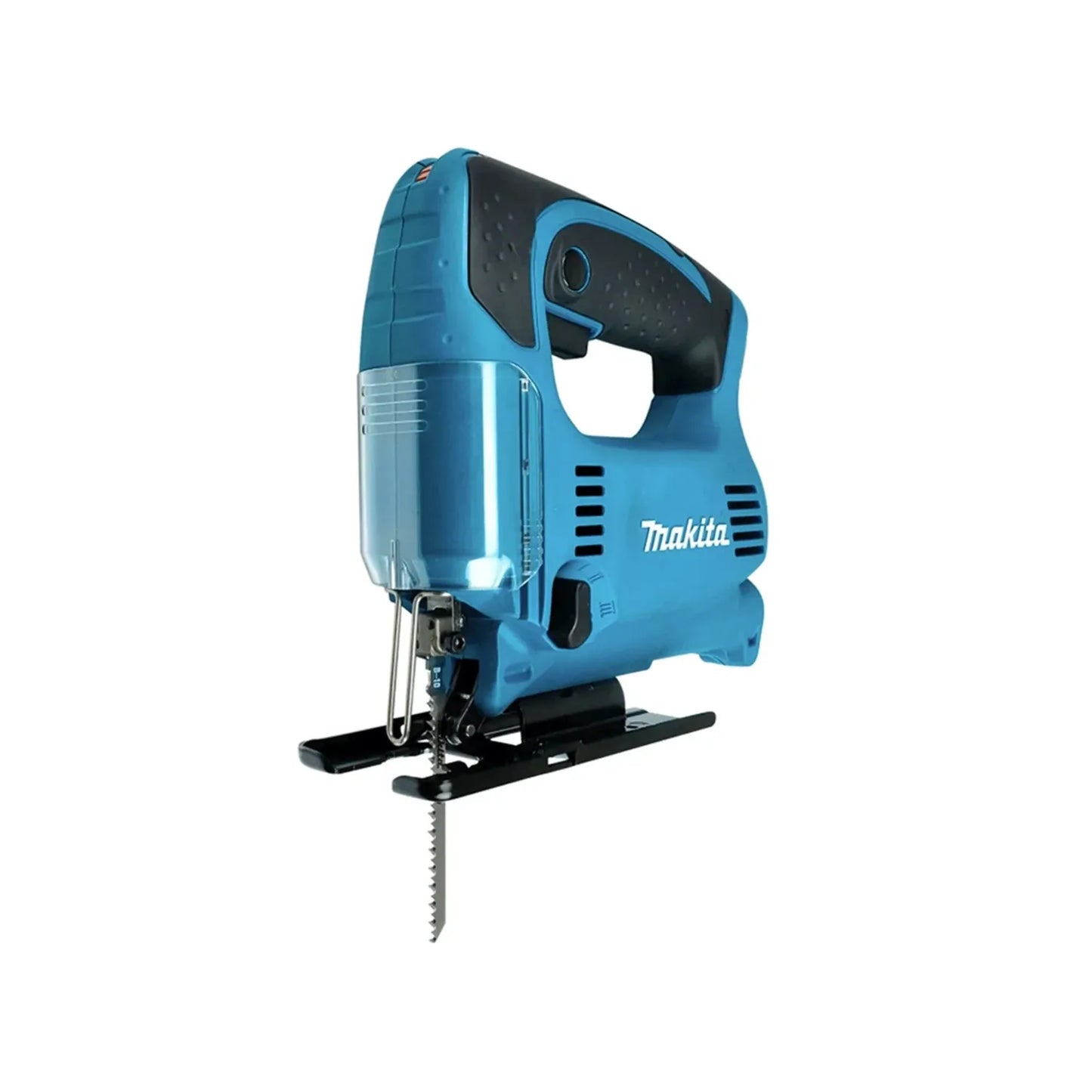 Sierra caladora eléctrica Makita color azul con mango ergonómico y protector de seguridad para cortes precisos en madera y metal