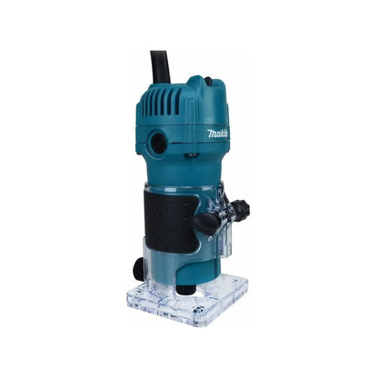 Router Makita 1/4 pulgada azul teal compacto con base transparente para trabajos de precisión en madera