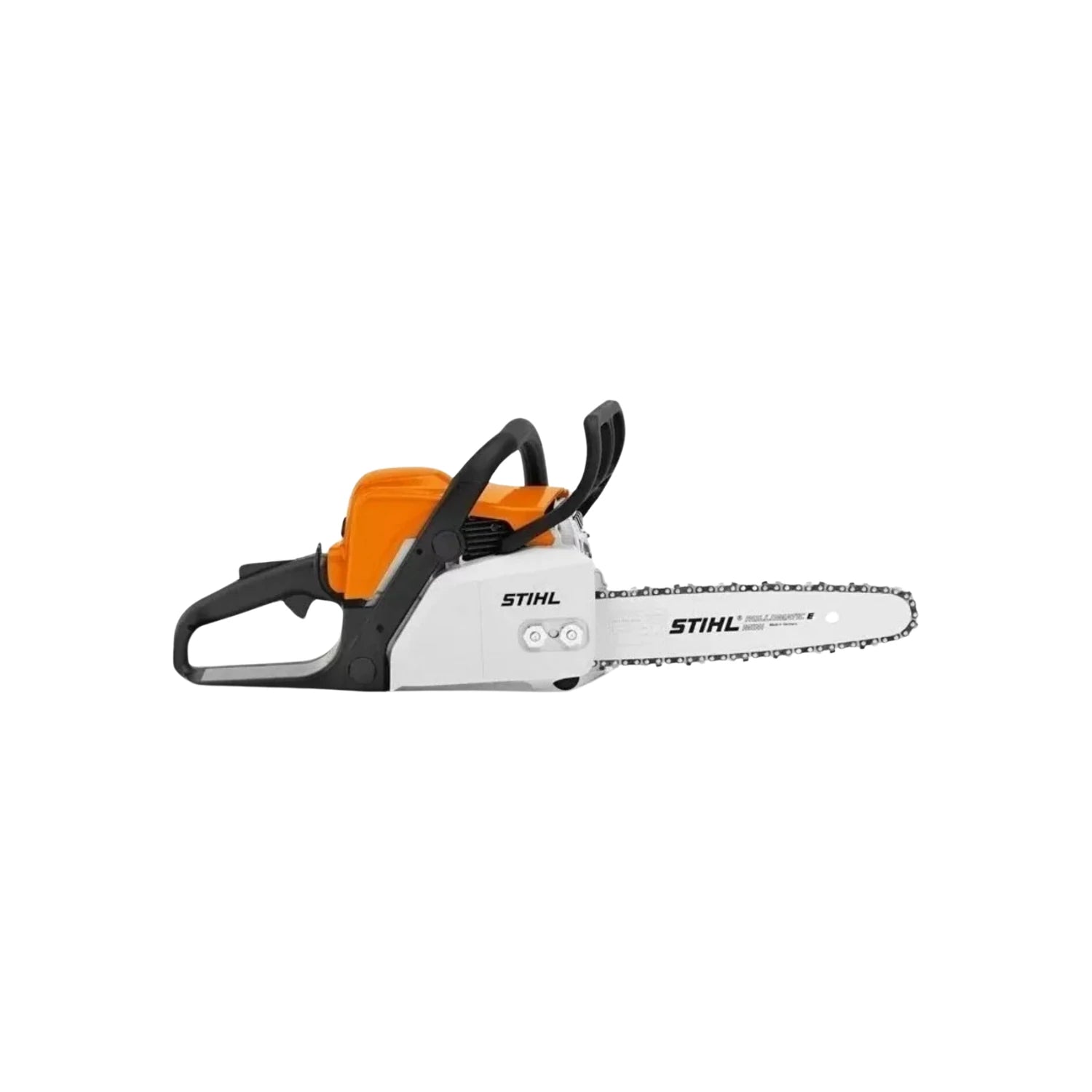 Motosierra a gasolina Stihl naranja y blanca con espada de 16 pulgadas para madera