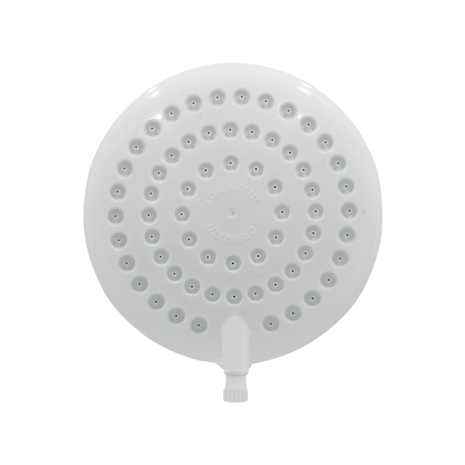 Regadera eléctrica Lorenzetti blanca, cabezal redondo con orificios, perfecta para 3 temperaturas de agua.