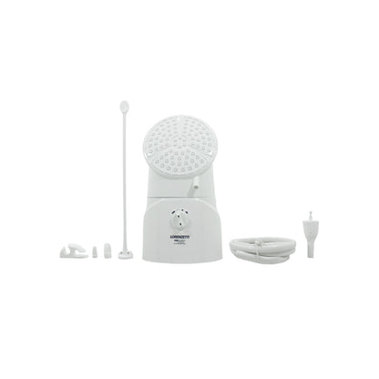 Regadera eléctrica Lorenzetti TOP JET 4400W blanca multitemperatura con manguera, accesorios y perilla de control.