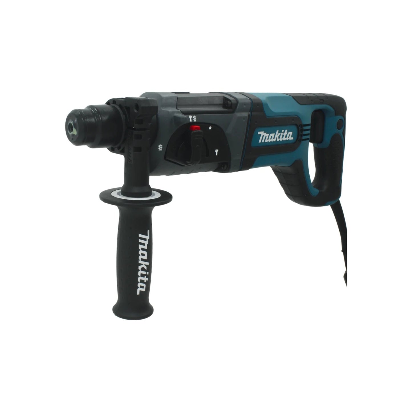 Martillo perforador Makita azul y negro con empuñadura auxiliar, herramienta eléctrica para perforar concreto.