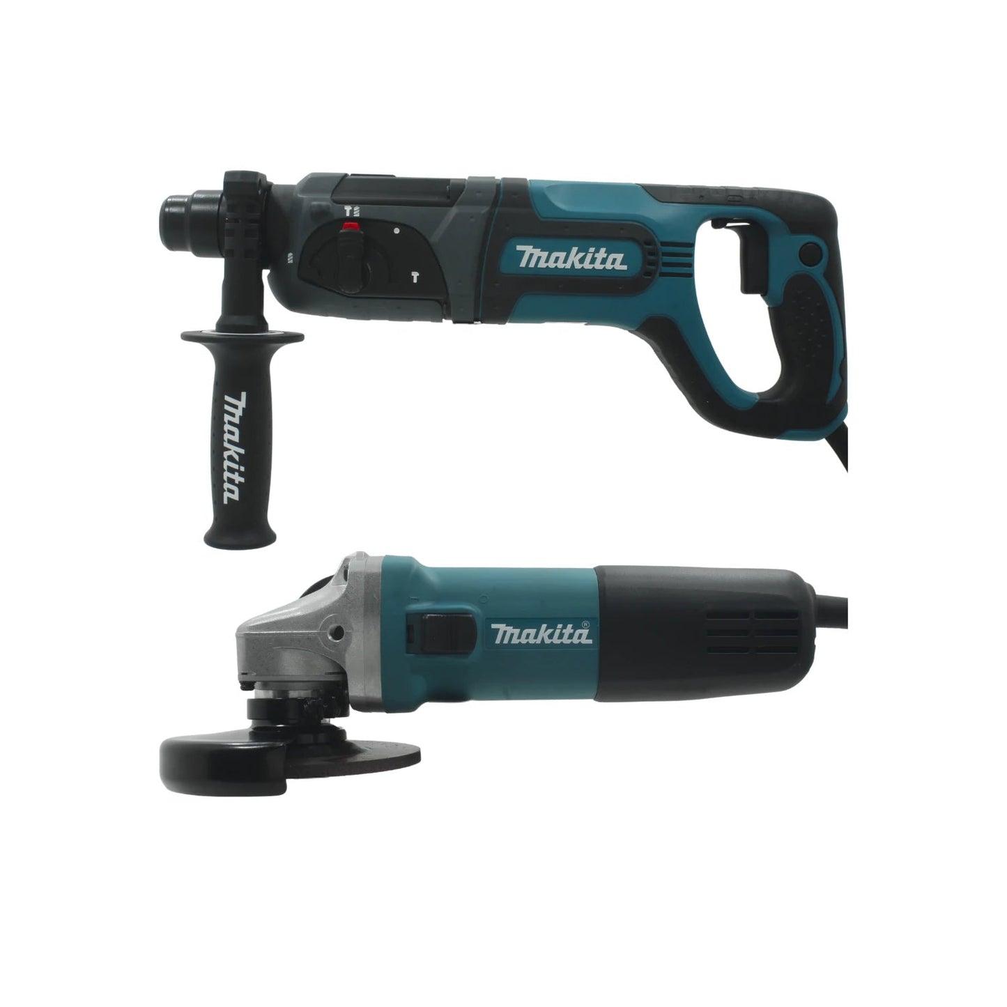 Combo de herramientas eléctricas Makita: martillo perforador y mini esmeriladora angular, colores azul teal y negro.