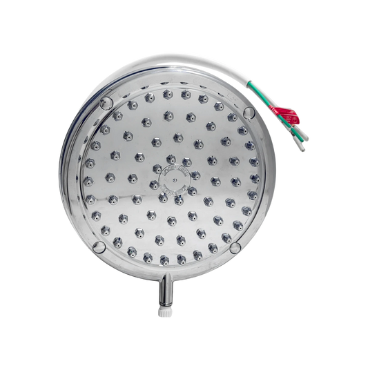 Regadera eléctrica Lorenzetti cromada, con cableado expuesto, para 4 temperaturas de agua.