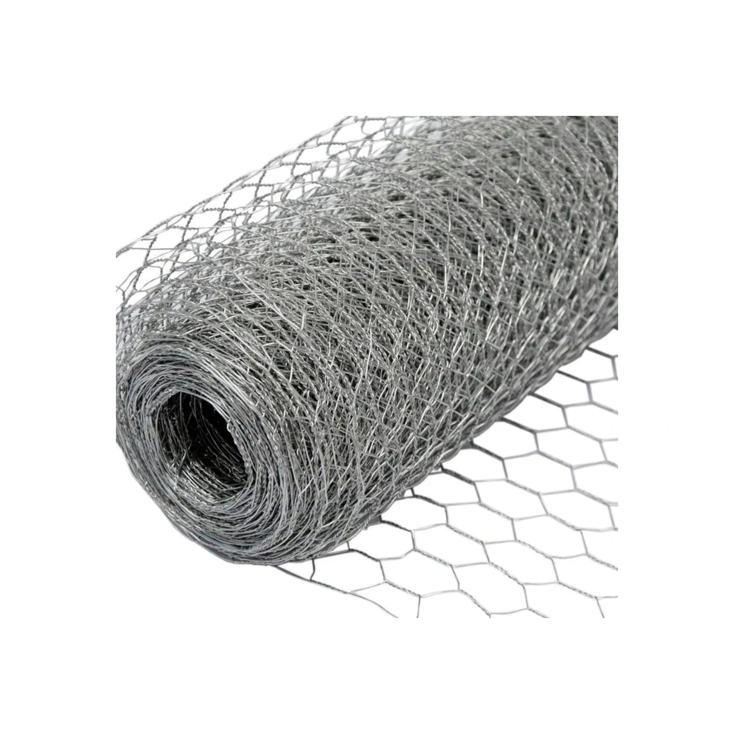 Malla hexagonal calibre 20 galvanizada en rollo, color gris metálico para cercas y protección.