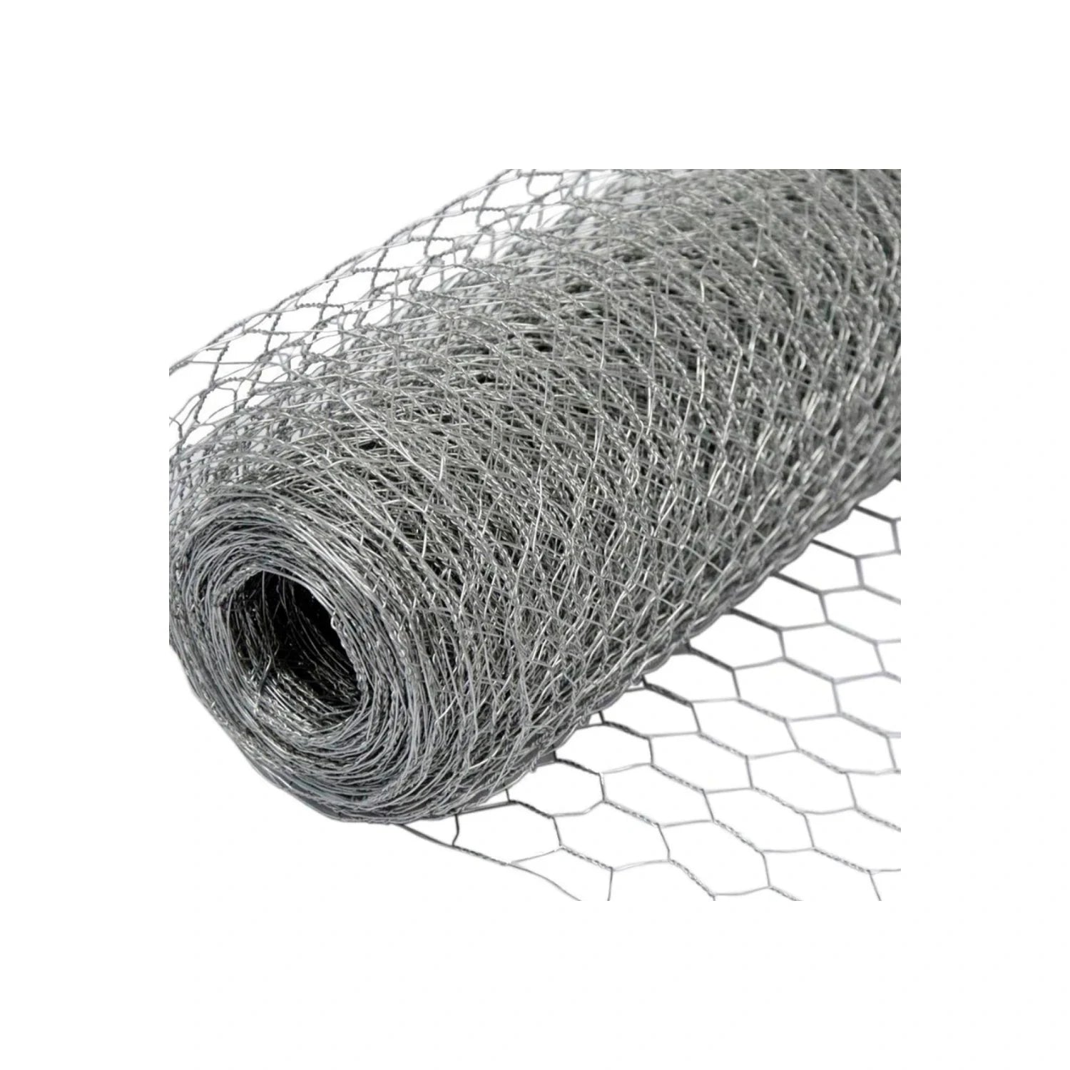 Malla hexagonal calibre 20 galvanizada en rollo, color gris metálico para cercas y protección.