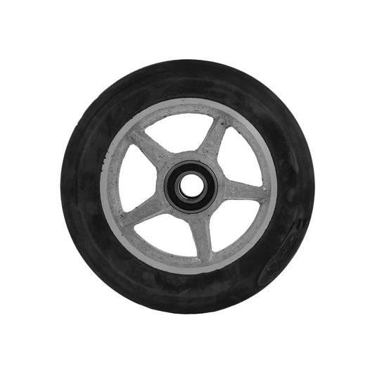 Rueda para diablo 10 pulgadas, llanta de goma negra, rin metálico gris con 5 rayos, balero central.
