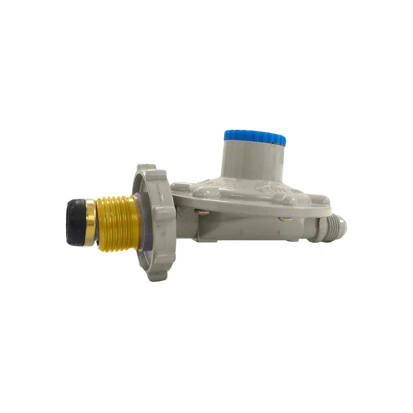 Regulador de gas gris con perilla azul para baja presión, conexión roscada dorada, ideal para cilindros de gas
