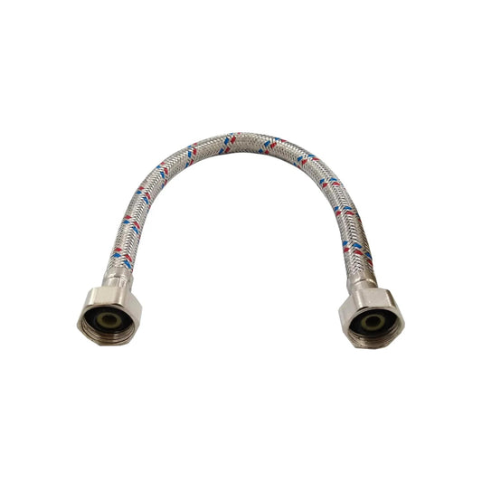 Manguera metálica trenzada de 40 cm para lavabo, con hilos rojo y azul para conexiones de agua fría y caliente.