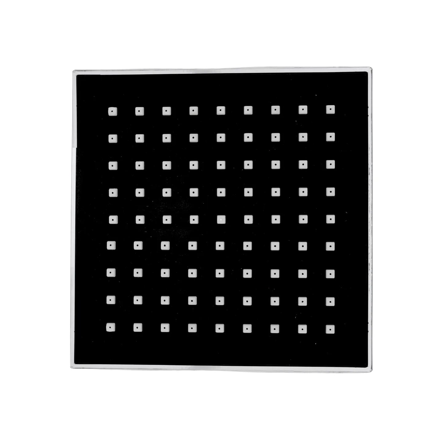 Regadera cuadrada de 6 pulgadas cromada con panel negro y boquillas, diseño moderno para ducha