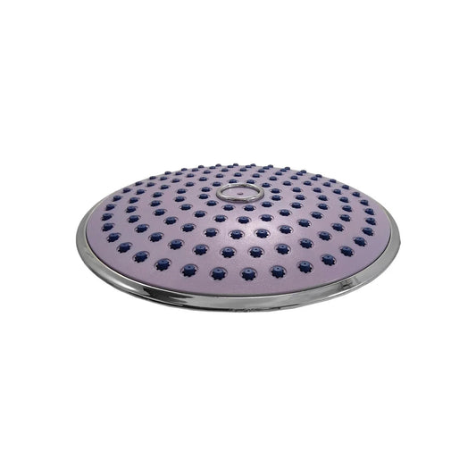 Regadera de ducha redonda de 8 pulgadas morada de ABS con boquillas azules y borde cromado para baño.