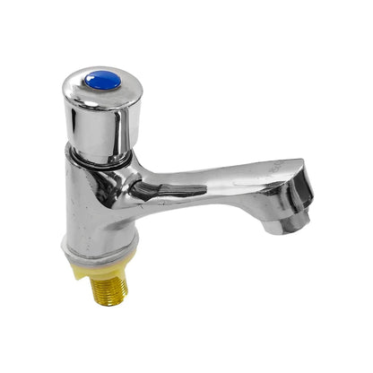 Llave para lavabo temporizada con pulsador azul, acabado cromado y conexión roscada