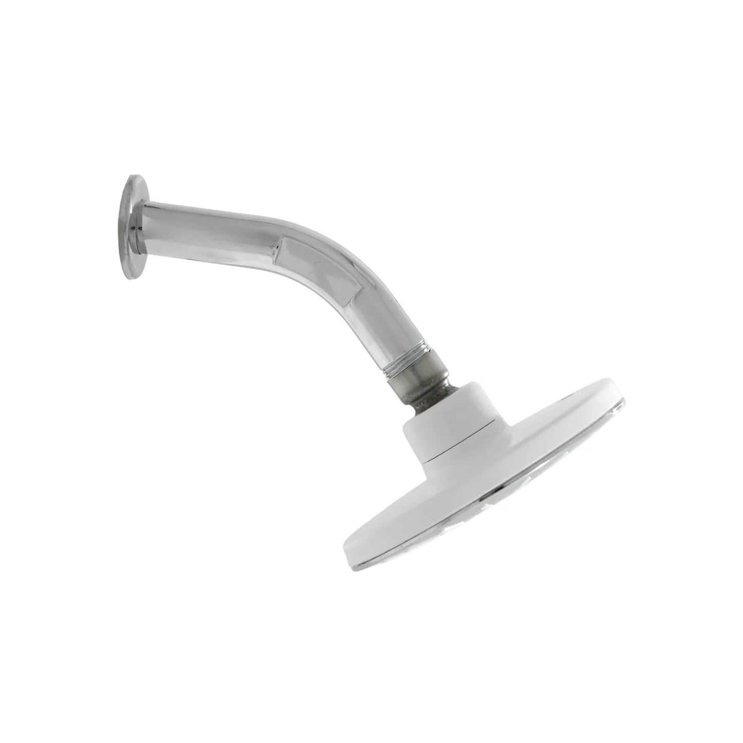 Regadera redonda blanca con brazo cromado curvo para instalación de pared en baño