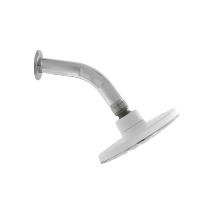 Regadera redonda blanca con brazo cromado curvo para instalación de pared en baño