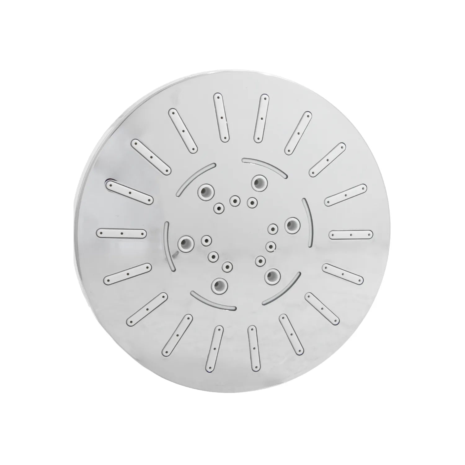 Cabezal de ducha circular cromado efecto lluvia con múltiples boquillas para baño moderno.