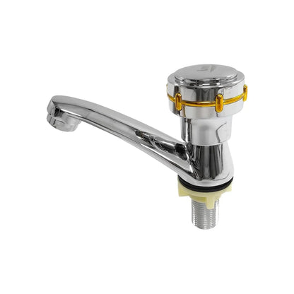 Llave individual cromada para lavabo, grifo monomando con mando superior redondo y acentos dorados.