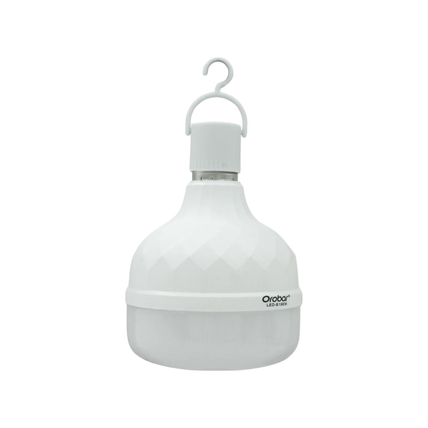 Lámpara recargable LED Orobar blanca, diseño bulbo facetado, con gancho para colgar, ideal para emergencia.