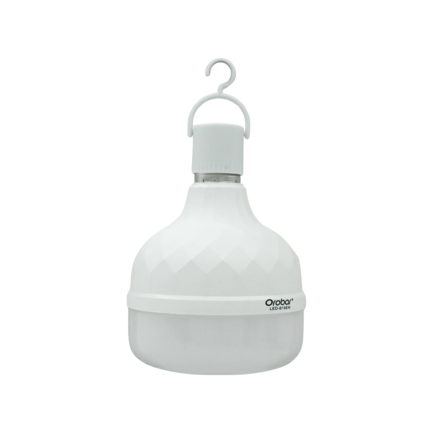 Lámpara recargable LED Orobar blanca, diseño bulbo facetado, con gancho para colgar, ideal para emergencia.