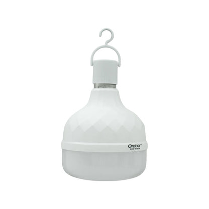 Lámpara recargable LED Orobar blanca, diseño bulbo facetado, con gancho para colgar, ideal para emergencia.