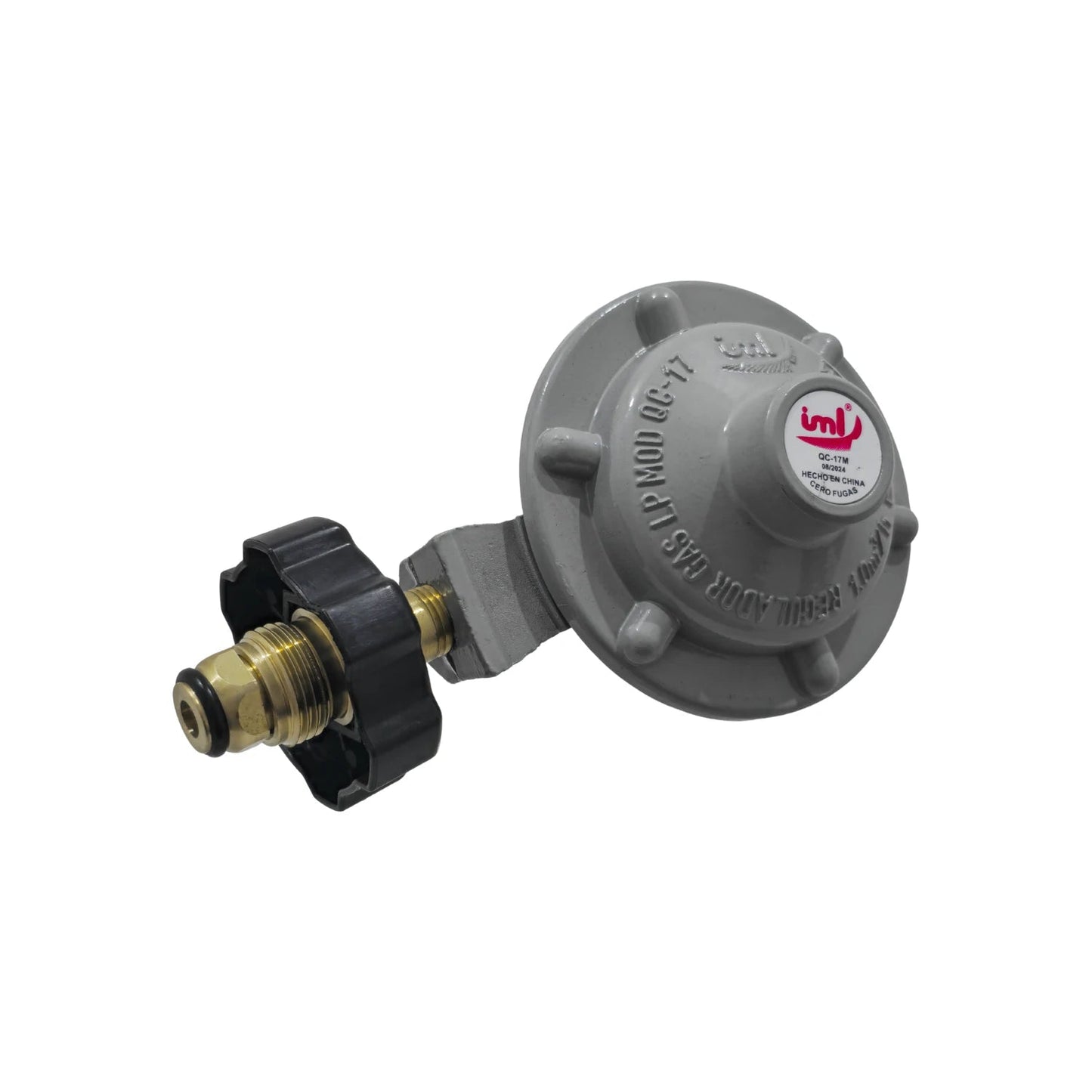 Regulador de gas LP IML QC-17M gris con maneral negro y punta de bronce para tanque.