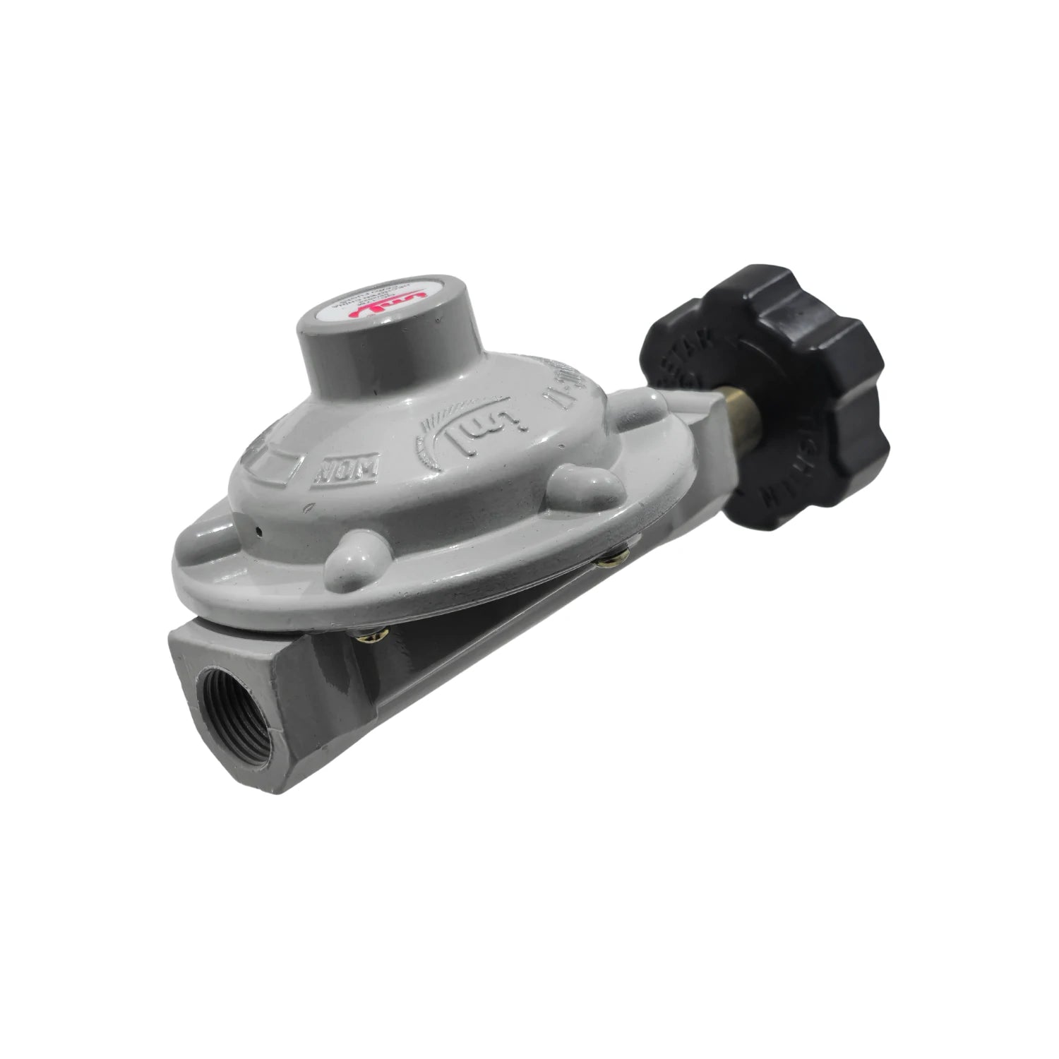 Regulador de gas gris con maneral negro, punta bronce y rosca QC17M para tanques de gas