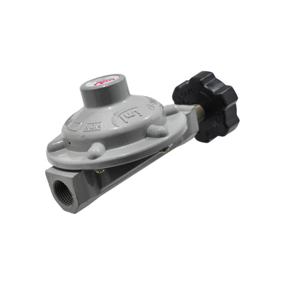 Regulador de gas gris con maneral negro, punta bronce y rosca QC17M para tanques de gas