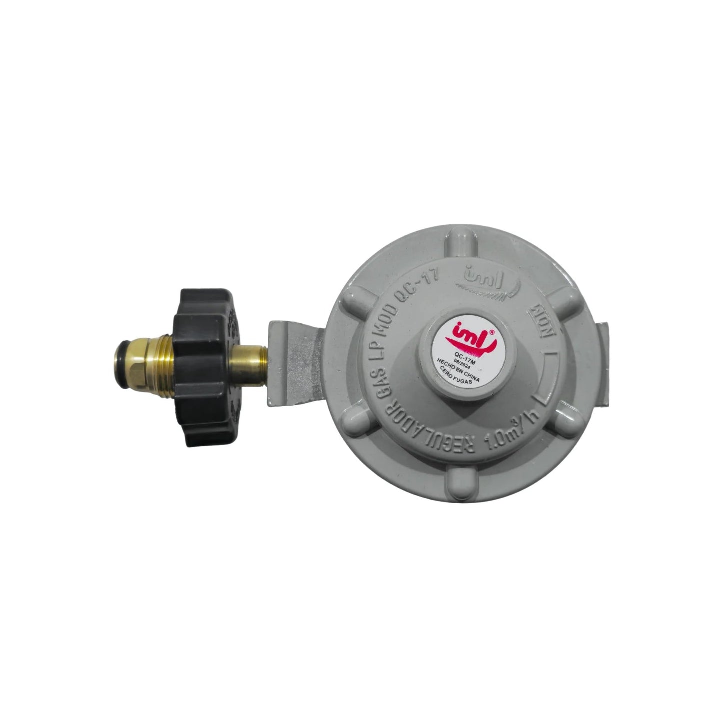 Regulador de gas LP IML QC-17M gris con maneral negro, punta de bronce y rosca, flujo 1.0m³/h para tanques.