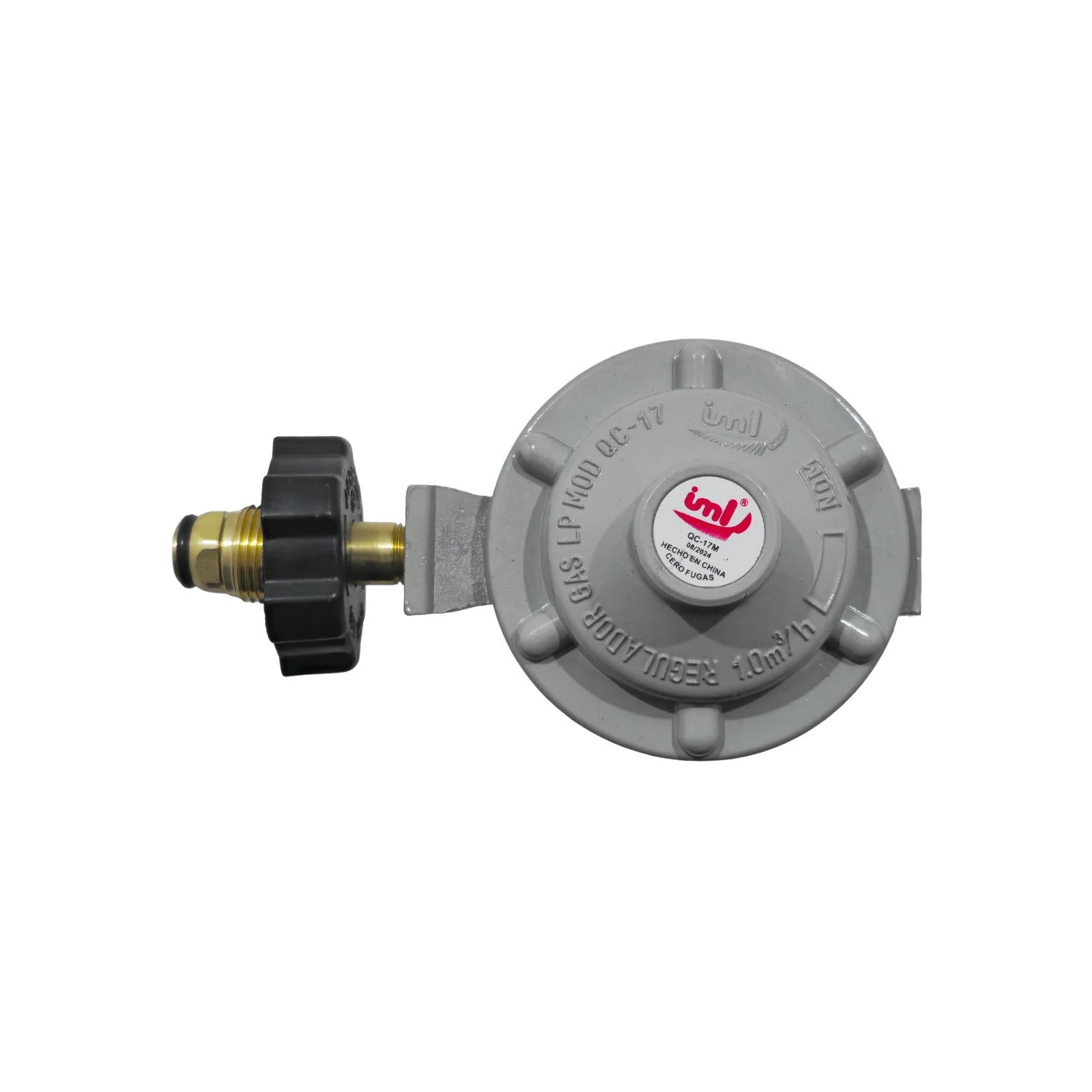 Regulador de gas LP IML QC-17M gris con maneral negro, punta de bronce y rosca, flujo 1.0m³/h para tanques.