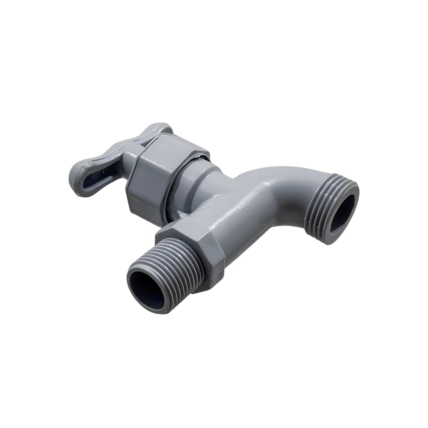 Llave de nariz de plástico gris con rosca macho, ideal para jardín o patio