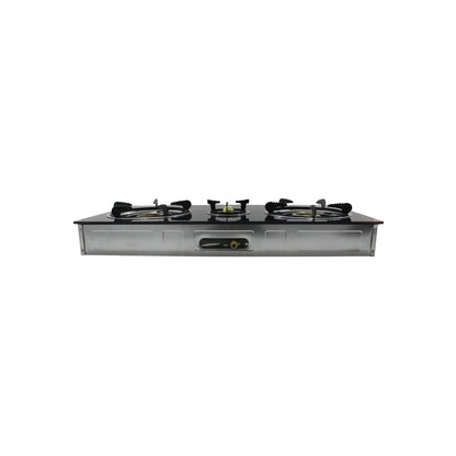 Estufa de gas de 3 quemadores con cubierta de vidrio templado negro y base de acero inoxidable para cocina