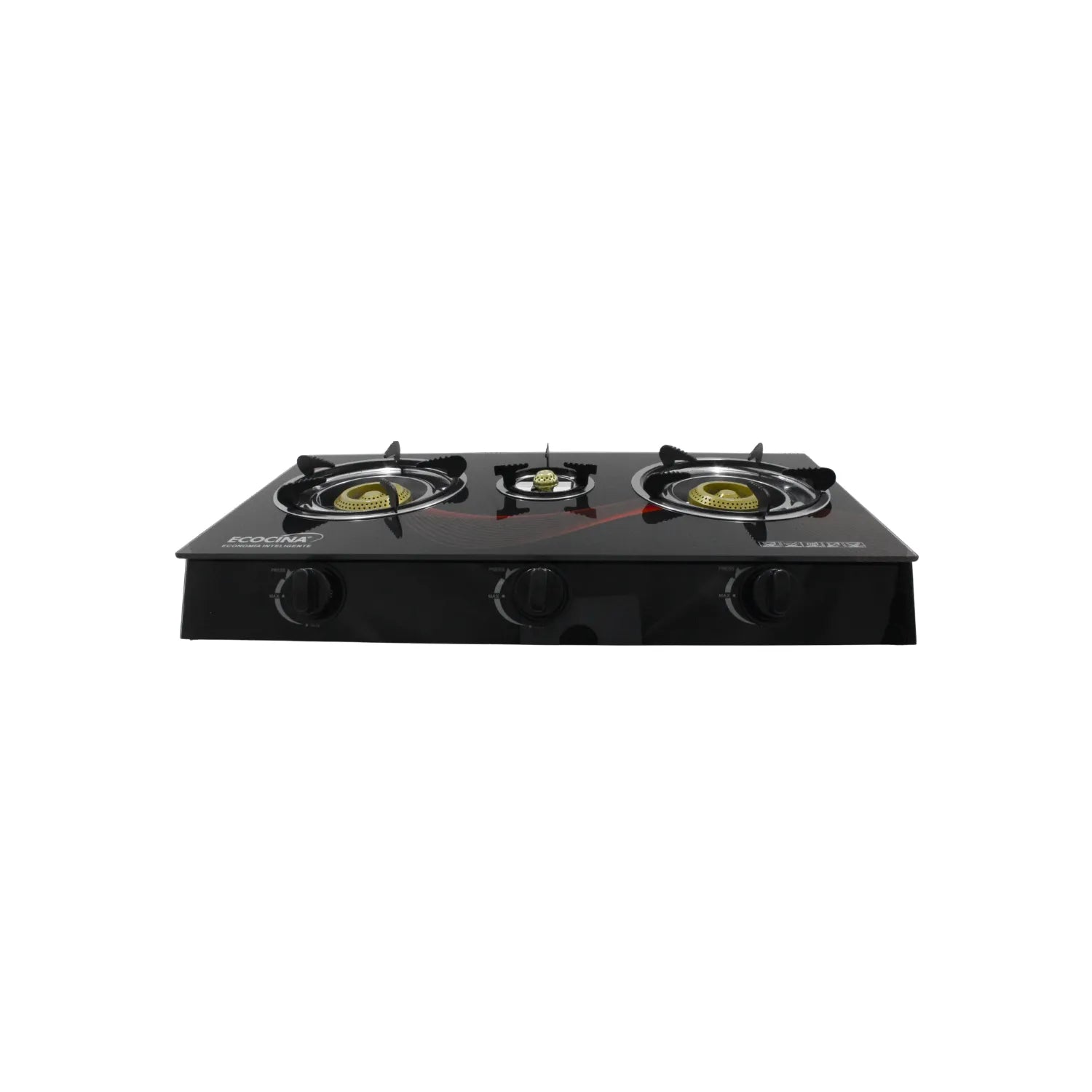 Cocina a gas Ecocina de 3 hornillas con tablero de vidrio templado negro y perillas de control frontales.