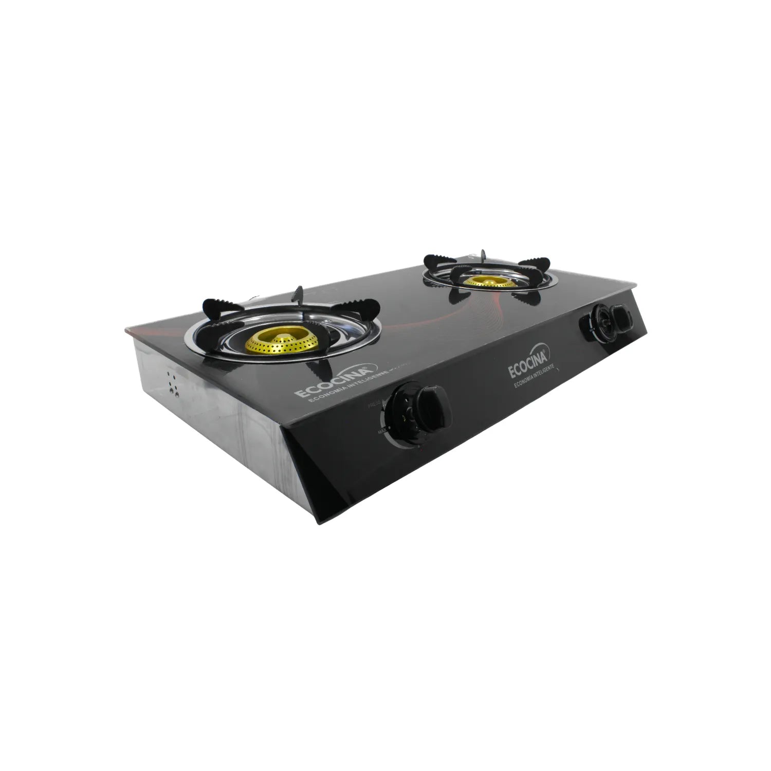 Estufa de gas de mesa Ecocina con 2 quemadores y superficie de vidrio templado negro resistente