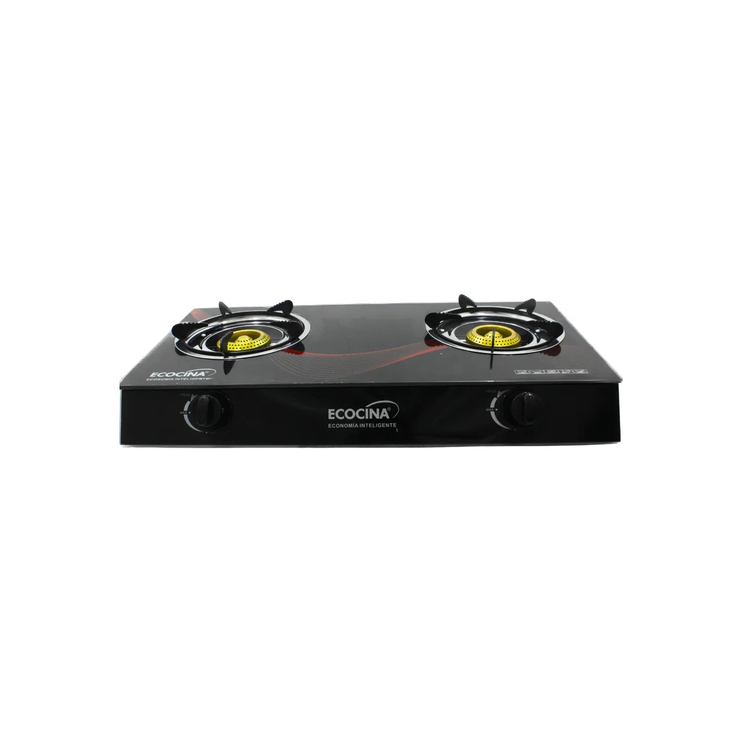 Cocina de gas de mesa Ecocina 2 quemadores con panel de vidrio templado negro y quemadores de bronce resistente