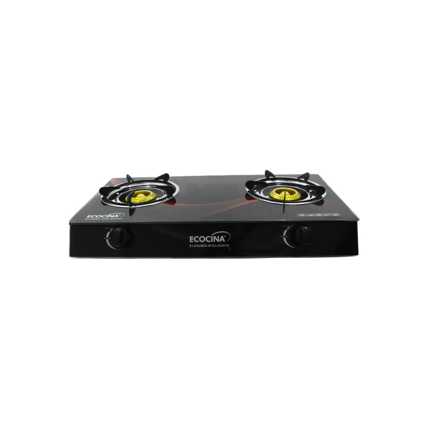 Cocina de gas de mesa Ecocina 2 quemadores con panel de vidrio templado negro y quemadores de bronce resistente