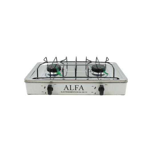 Estufa portátil 2 quemadores a gas, cubierta de acero inoxidable ALFA, ideal para camping.