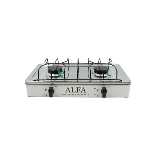 Estufa de gas portátil Alfa de 2 quemadores, cubierta de acero inoxidable, para cocinas o camping