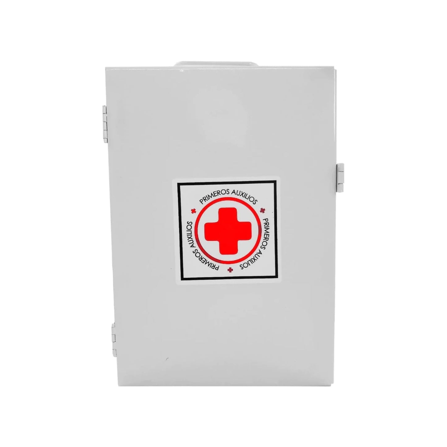 Botiquín metálico blanco de primeros auxilios con cruz roja, ideal para el hogar, oficina o taller.