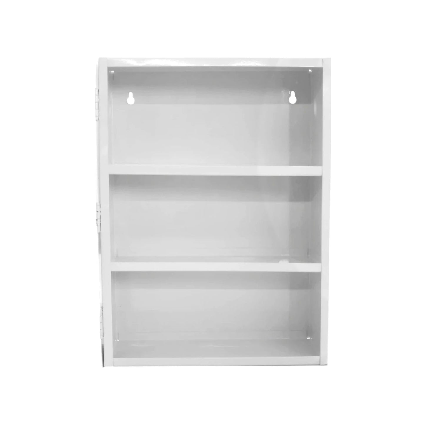 Botiquín metálico blanco para pared con 3 estantes interiores, organizador resistente para primeros auxilios y herramientas.