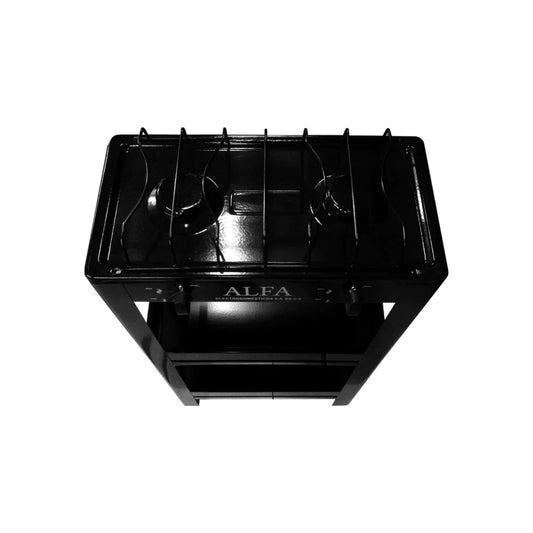 Estufa de gas Alfa negra con 2 quemadores y gabinete inferior, ideal para cocina o camping