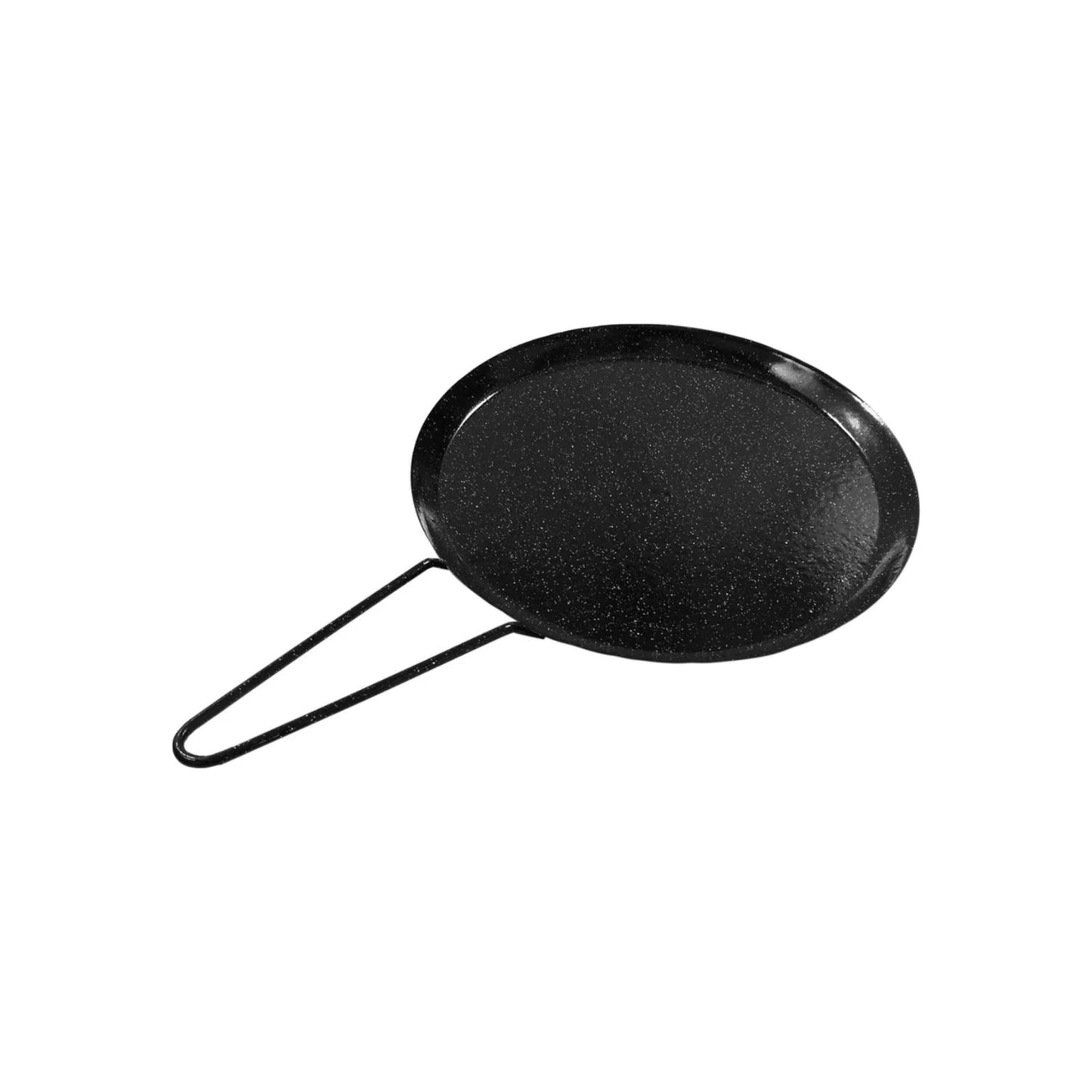 Comal redondo mediano de acero porcelanizado negro con motas y mango de alambre para tortillas o calentar alimentos