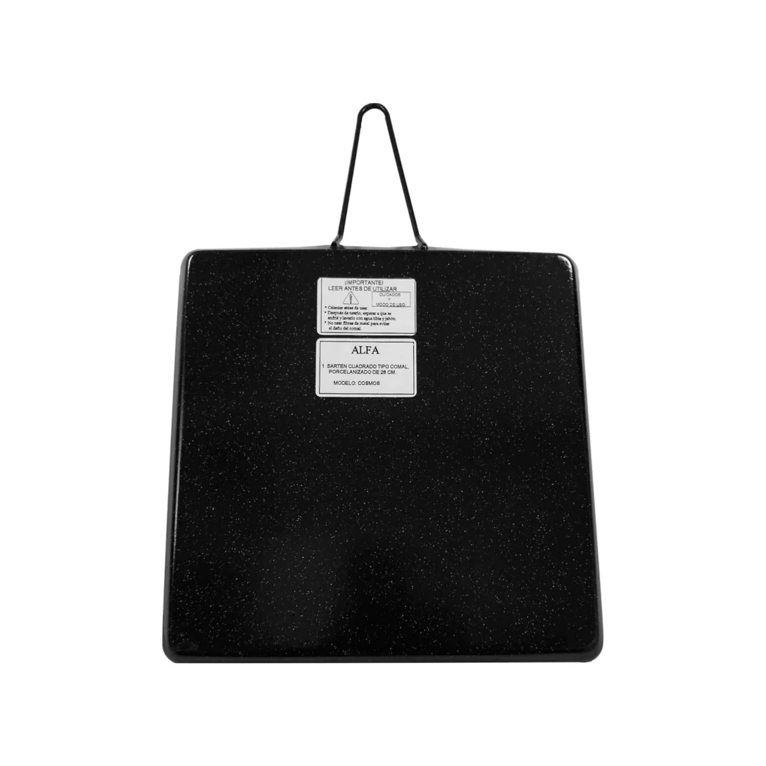 Comal cuadrado de acero porcelanizado negro ALFA 28 cm con asa de alambre para cocina