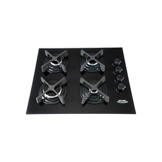 Parrilla empotrable Rivelmex de 4 quemadores a gas, superficie de cristal templado negro y perillas de control frontales
