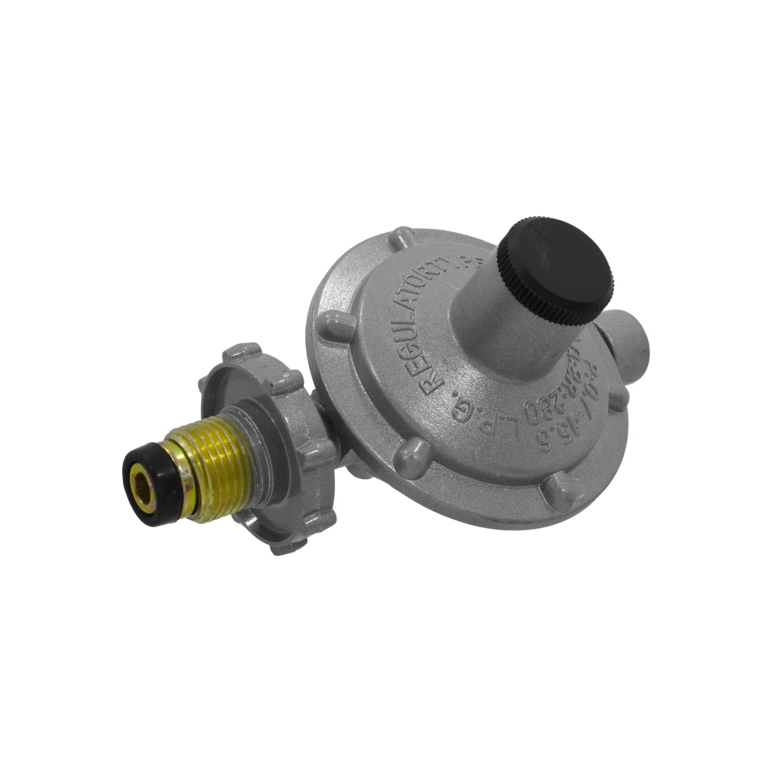 Regulador de gas propano LPG gris con punta pool para bombonas y cilindros de gas.