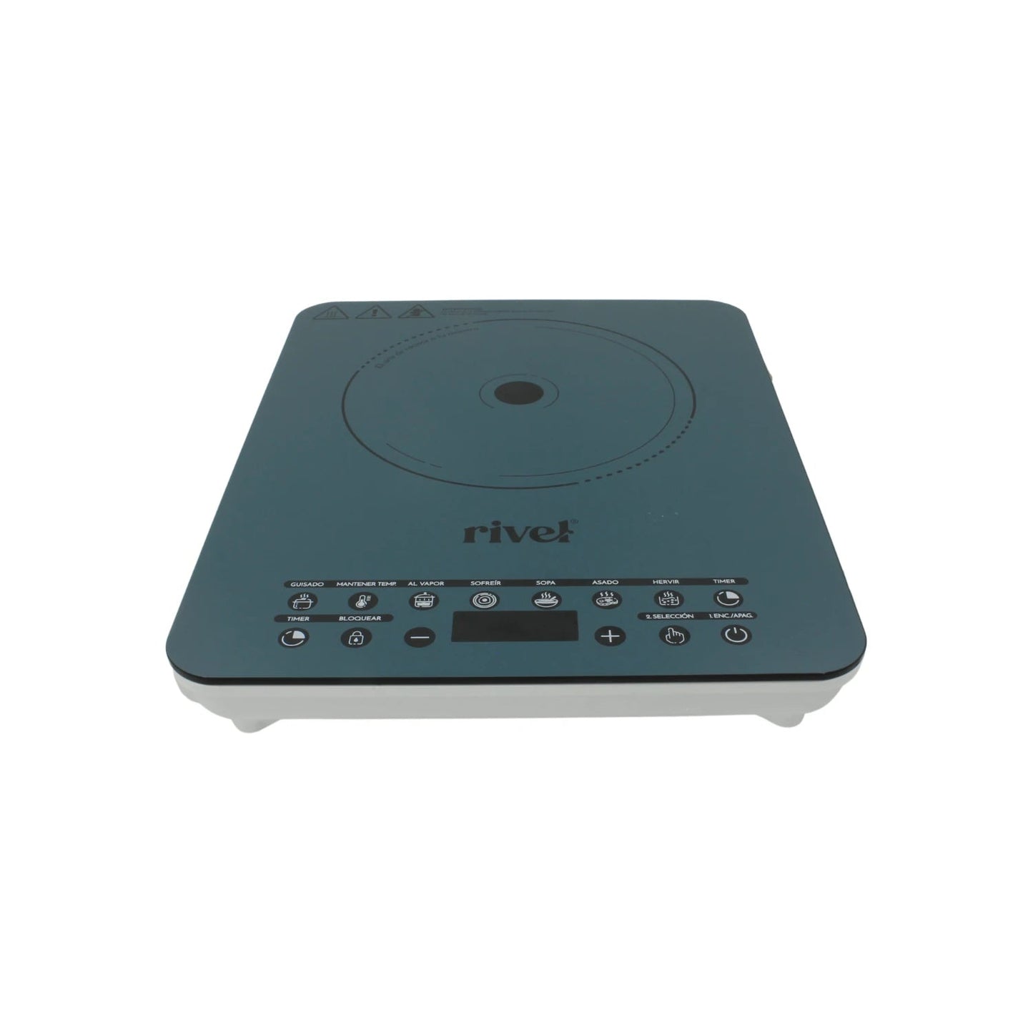 Parrilla eléctrica de inducción Rivel 1 quemador, color azul verdoso, controles táctiles y funciones de cocción.