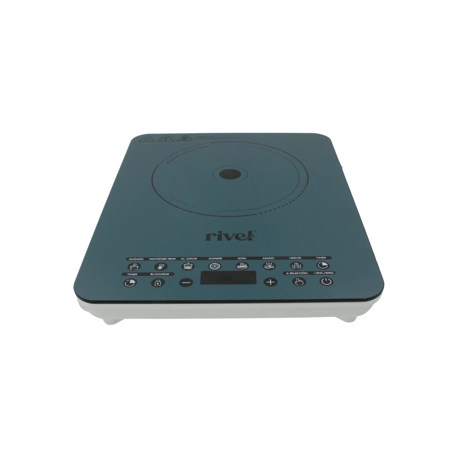 Parrilla eléctrica de inducción Rivel 1 quemador, color azul verdoso, controles táctiles y funciones de cocción.