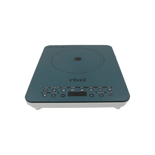 Parrilla eléctrica de inducción Rivel 1 quemador, color azul verdoso, controles táctiles y funciones de cocción.