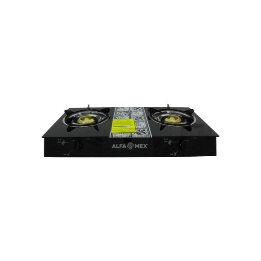 Estufa de gas 2 quemadores de cristal negro Alfa Mex para cocina portátil o encimera, diseño moderno.
