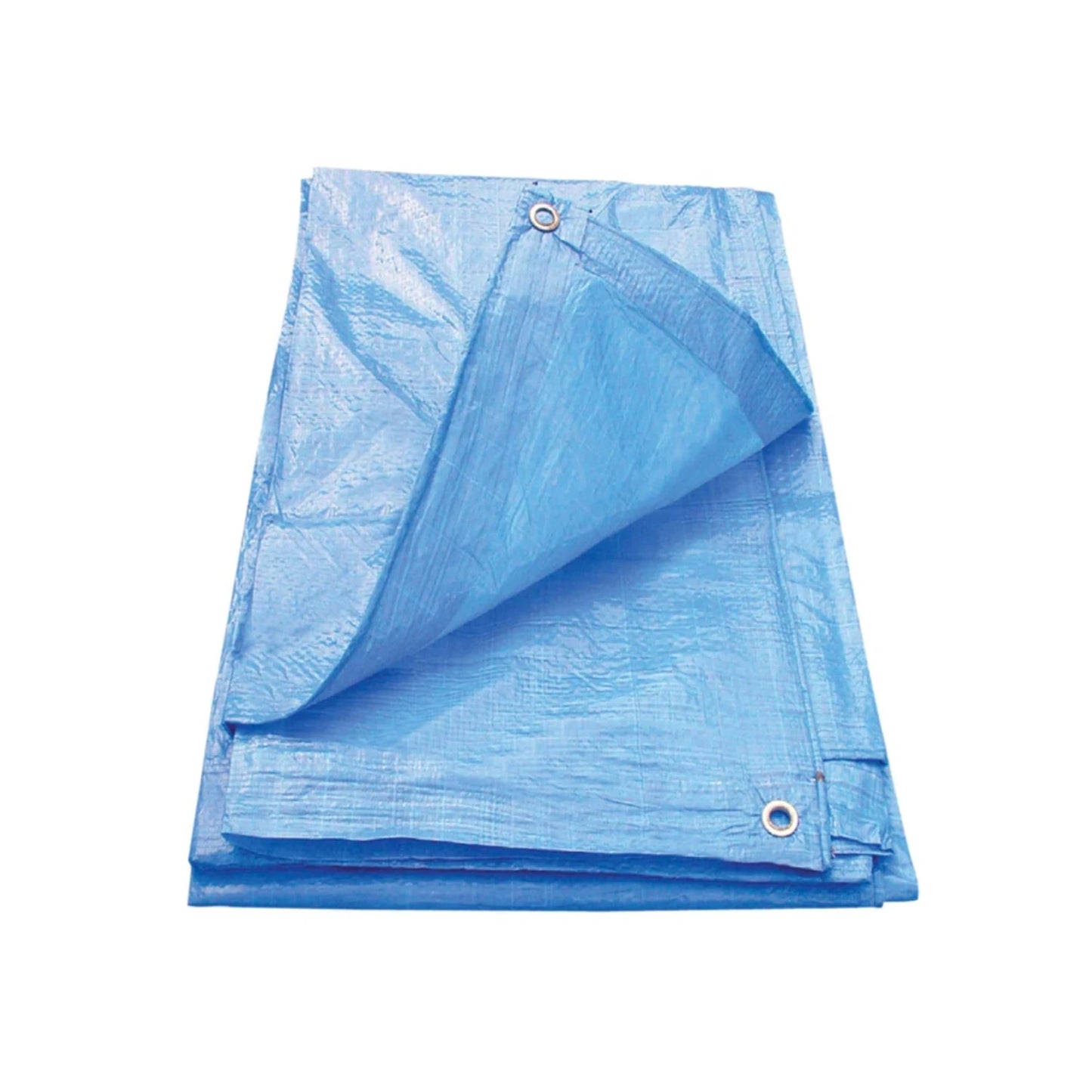 Lona azul resistente al agua, plegada con ojillos metálicos para cubrir y proteger exteriores