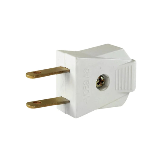 Clavija eléctrica plana blanca de dos patas para conexiones de ferretería